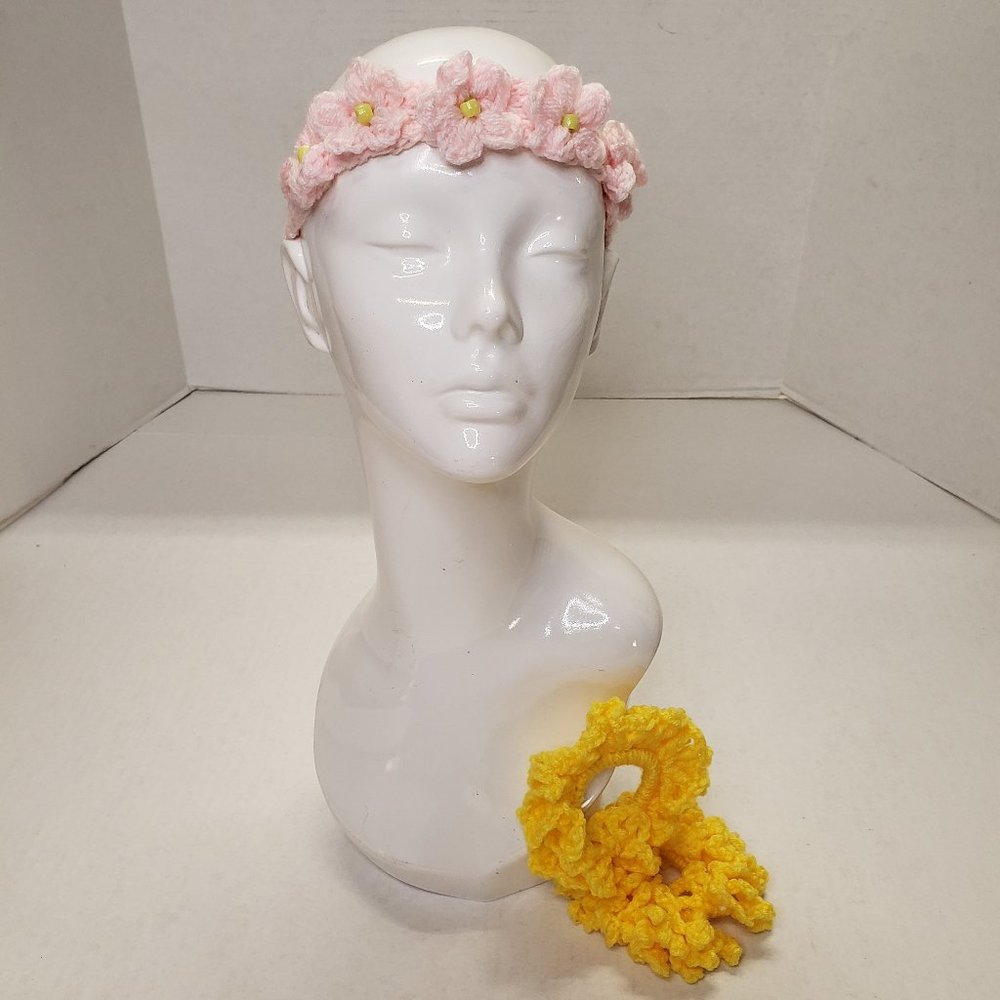 Woman's Handmade Crochet 2 Scrunchies and Headband Flower Light Pink & Yellow